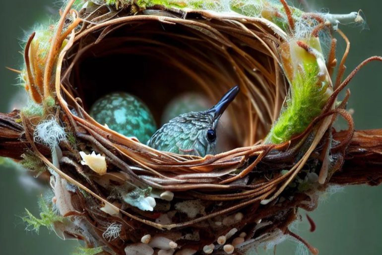 Hummingbird laying eggs in a nest
